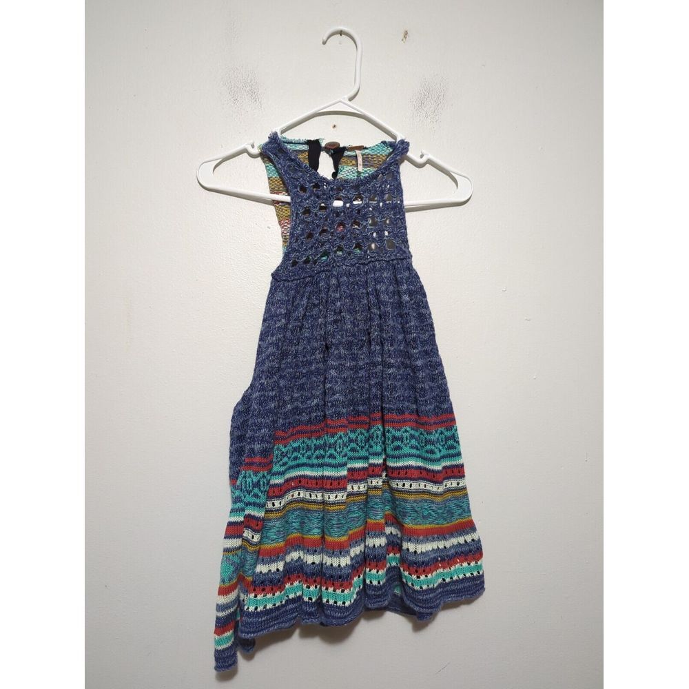 Free People Blue Multicolor Knit Boho Mini Dressโ Racerback Crochet Bib XS